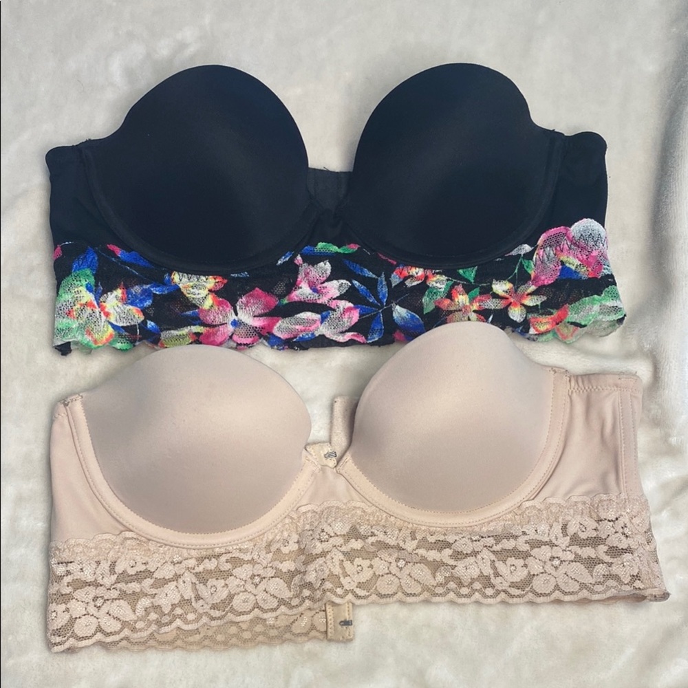 PINK Victoria's Secret Black Floral and Nude Lace Bandeau strapless bra set 34A